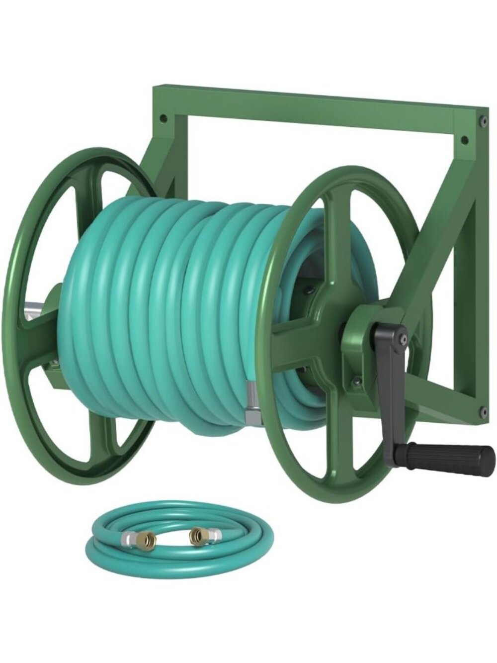 Heavy Duty Wall Mounted Garden Hose Reel - Holds 125ft, Metal Winder, Green